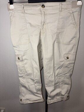 Lee Capri Cargo Pants Women 14 34X19 Khaki Roll Tab Cuffs Stretch Waist Band